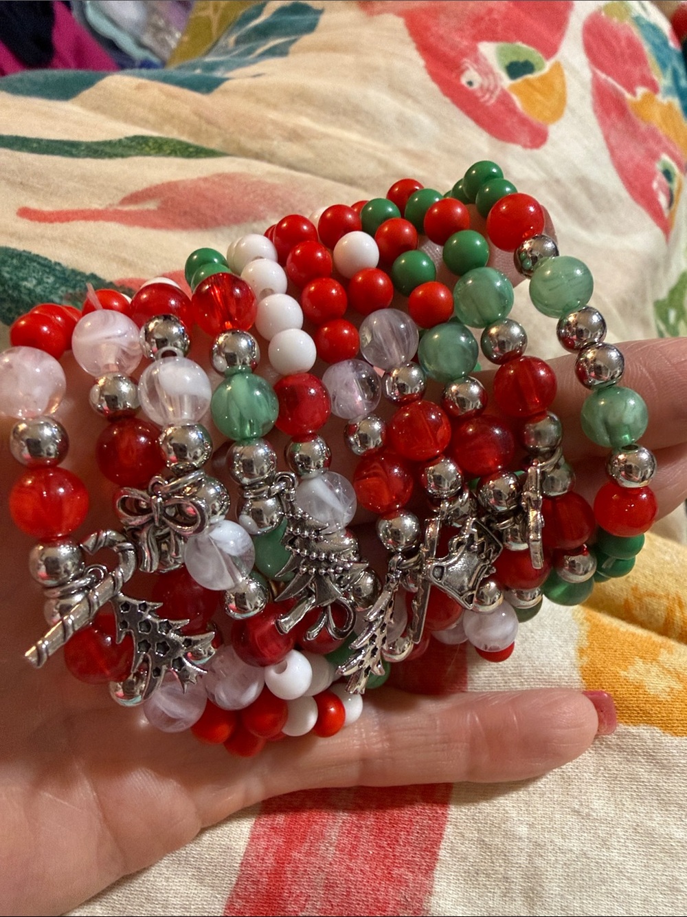 New Set of 10 Christmas Charm Beaded Stretch Bracelets Kids or small adult